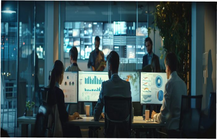 A group of individuals seated at desks, focused on their computer screens in a collaborative workspace.